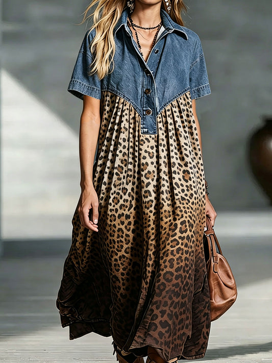 Isolwyn | Leopard Print Denim Maxi Dress
