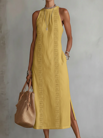 Thessara | Boho Geometric Lace Trim Sleeveless Maxi Dress with Pockets