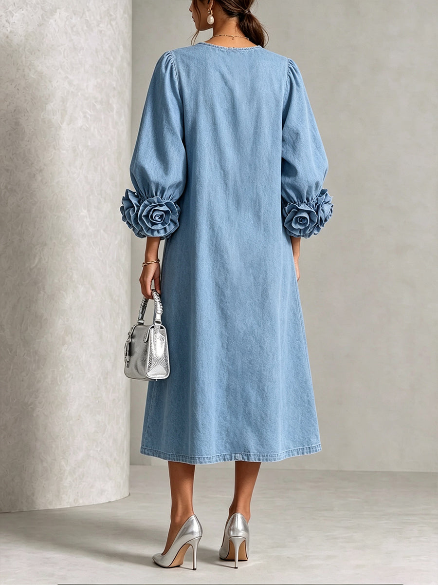 Xavessa | Puff Sleeve Denim Midi Dress
