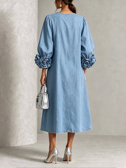 Xavessa | Puff Sleeve Denim Midi Dress