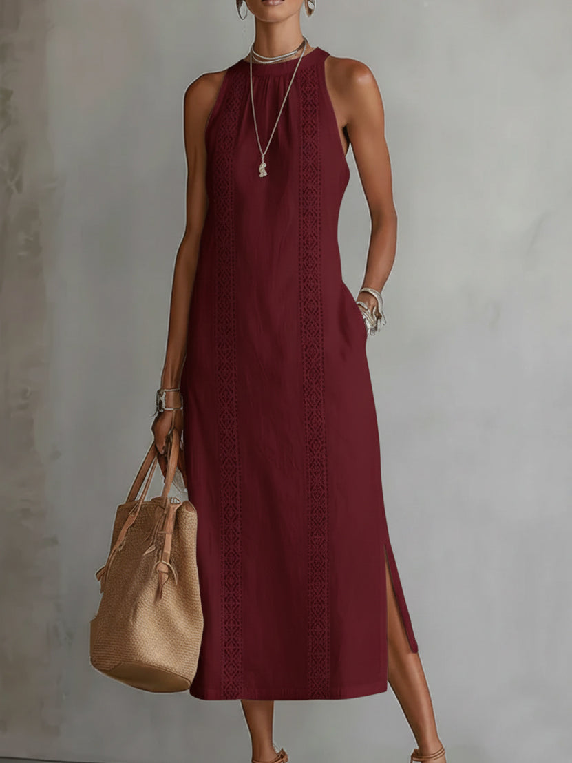 Thessara | Boho Geometric Lace Trim Sleeveless Maxi Dress with Pockets