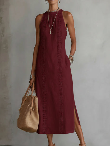 Thessara | Boho Geometric Lace Trim Sleeveless Maxi Dress with Pockets