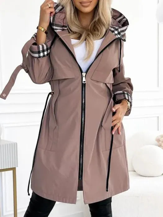 Merewen | Plaid Trim Hooded Longline Jacket