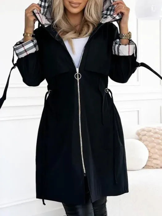 Merewen | Plaid Trim Hooded Longline Jacket