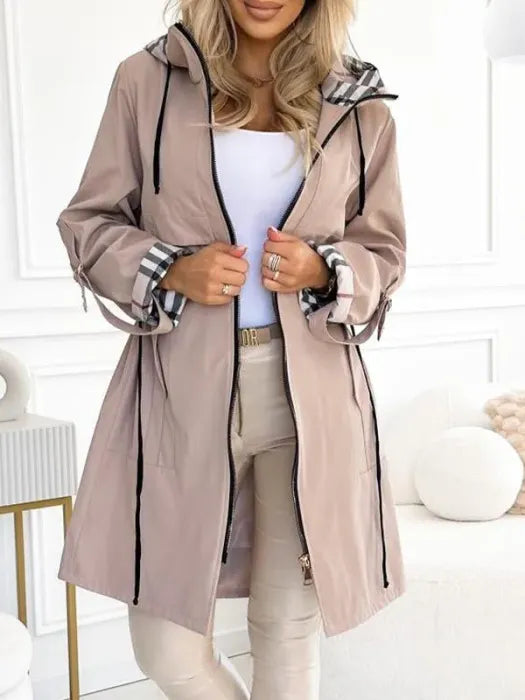 Merewen | Plaid Trim Hooded Longline Jacket