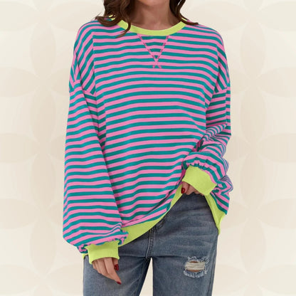 Nyxelle | Contrast Trim Striped Oversized Sweatshirt