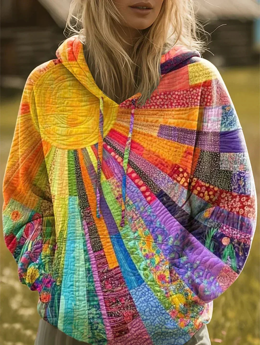 Aerona | Artistic Patchwork Print Hooded Jacket