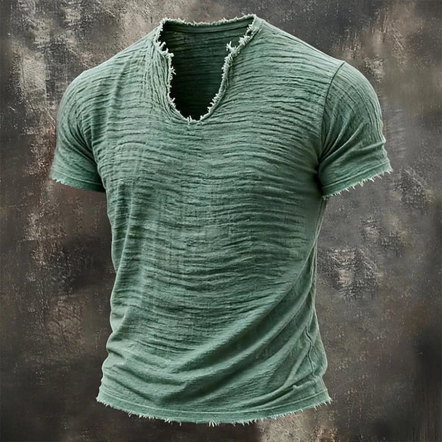 Jensen | Distressed V Neck Textured T Shirt