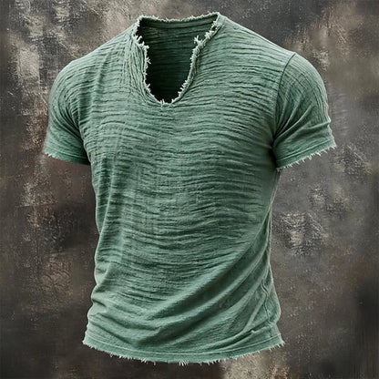 Jensen | Distressed V Neck Textured T Shirt