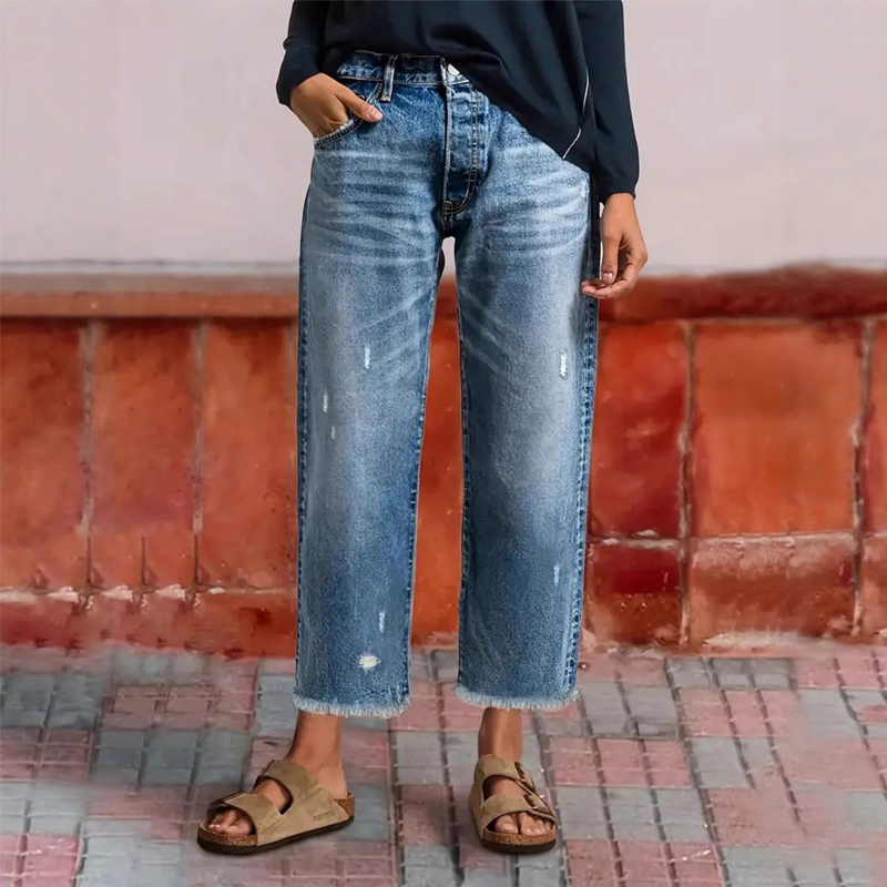 Brindel | Mid Rise Distressed Straight Leg Raw Hem Casual Jeans