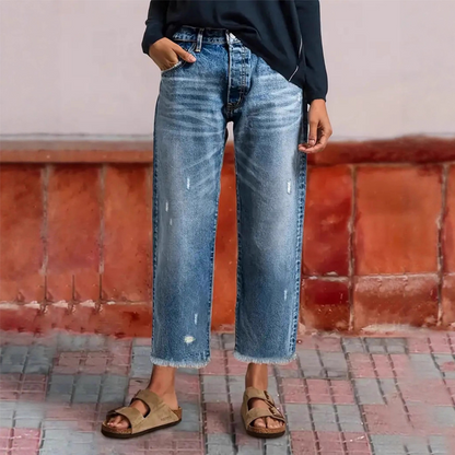 Brindel | Mid Rise Distressed Straight Leg Raw Hem Casual Jeans