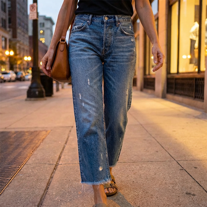 Dani | Vintage Wash Ripped Raw Hem Straight Jeans