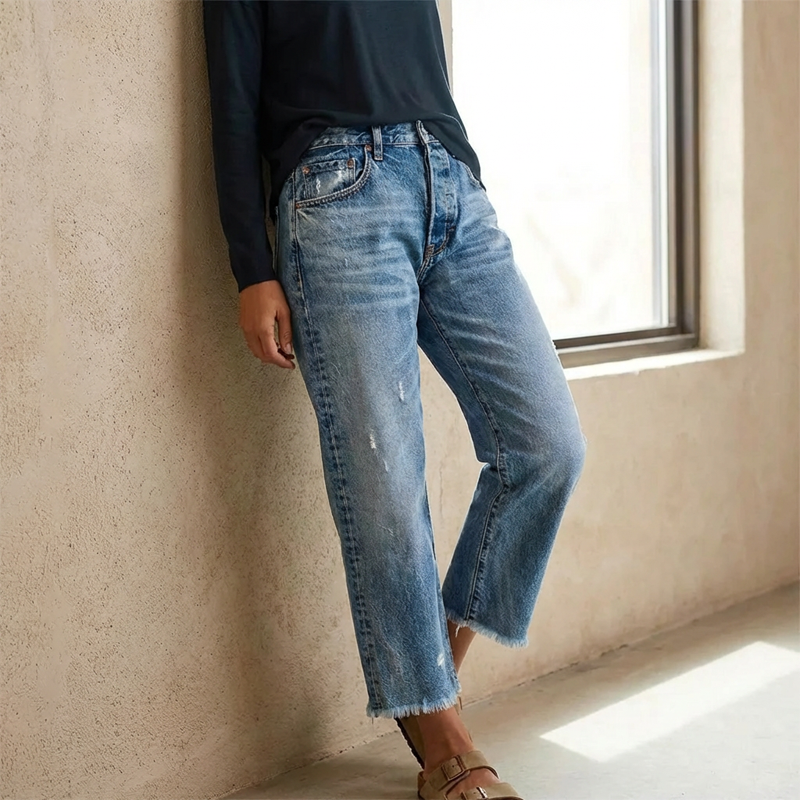 Brindel | Mid Rise Distressed Straight Leg Raw Hem Casual Jeans