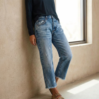 Brindel | Mid Rise Distressed Straight Leg Raw Hem Casual Jeans
