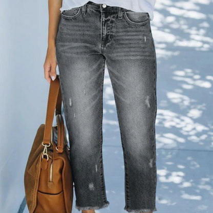 Brindel | Mid Rise Distressed Straight Leg Raw Hem Casual Jeans