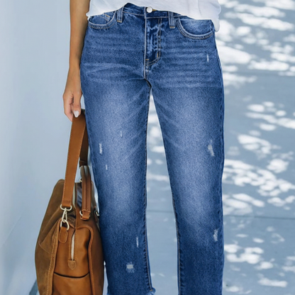 Brindel | Mid Rise Distressed Straight Leg Raw Hem Casual Jeans