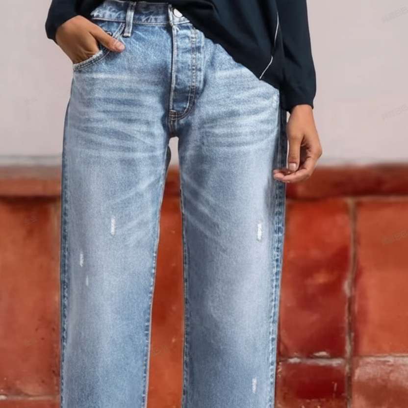 Brindel | Mid Rise Distressed Straight Leg Raw Hem Casual Jeans