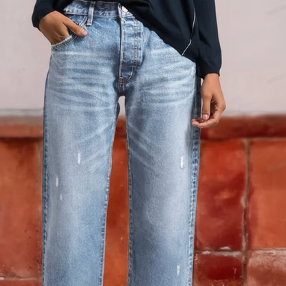 Brindel | Mid Rise Distressed Straight Leg Raw Hem Casual Jeans