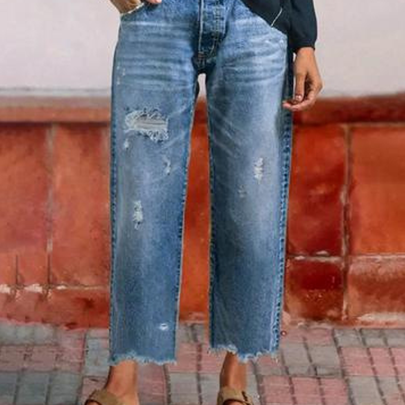 Brindel | Mid Rise Distressed Straight Leg Raw Hem Casual Jeans