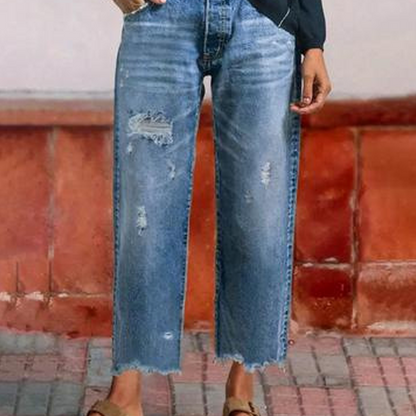 Brindel | Mid Rise Distressed Straight Leg Raw Hem Casual Jeans