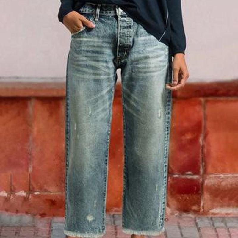 Brindel | Mid Rise Distressed Straight Leg Raw Hem Casual Jeans