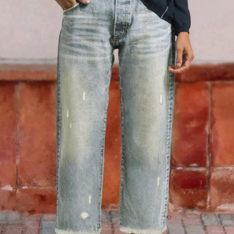 Brindel | Mid Rise Distressed Straight Leg Raw Hem Casual Jeans