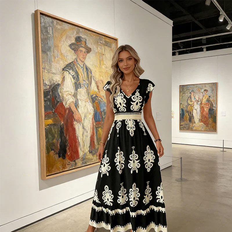 Quoryn | Contrast Damask Print Cap Sleeve A-Line Midi Dress