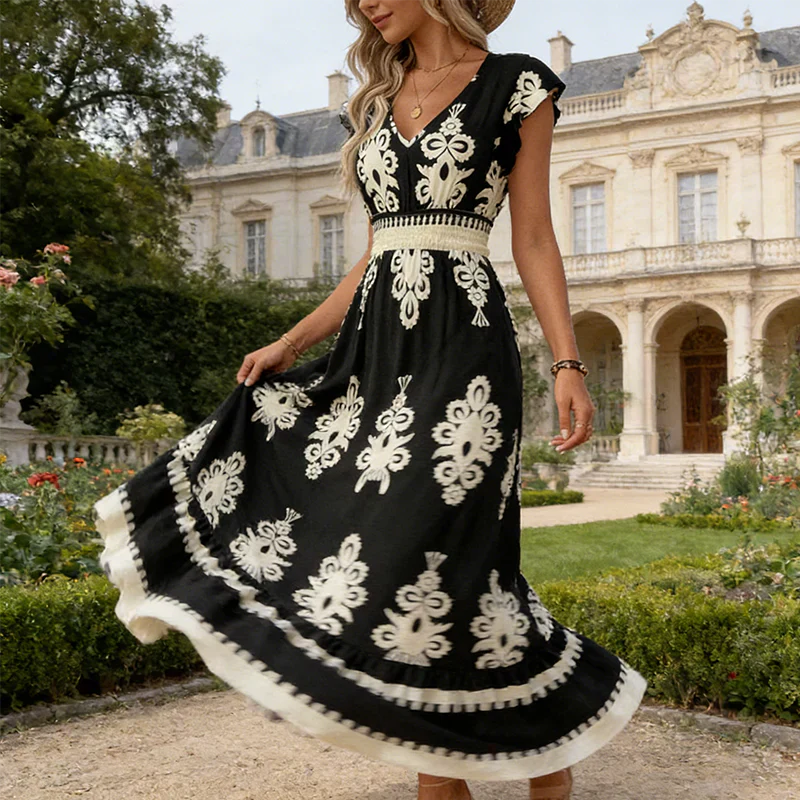 Lorelai | Ornate Print V Neck Midi Dress