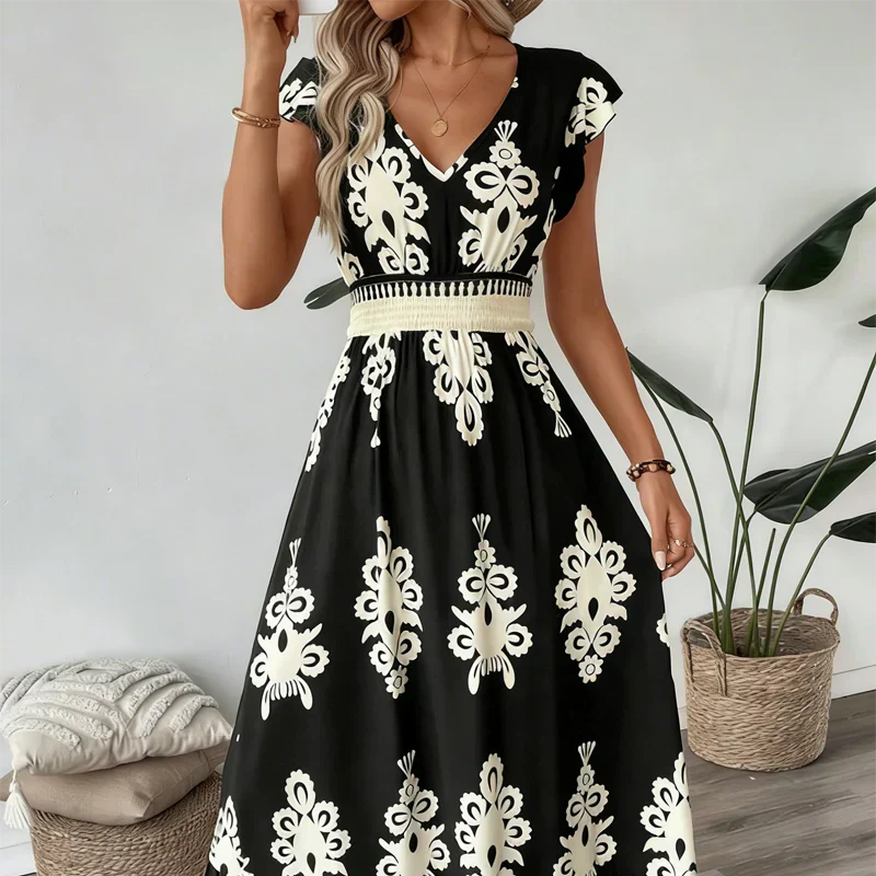 Lorelai | Ornate Print V Neck Midi Dress