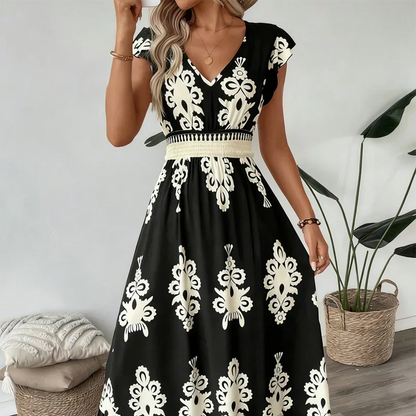 Lorelai | Ornate Print V Neck Midi Dress