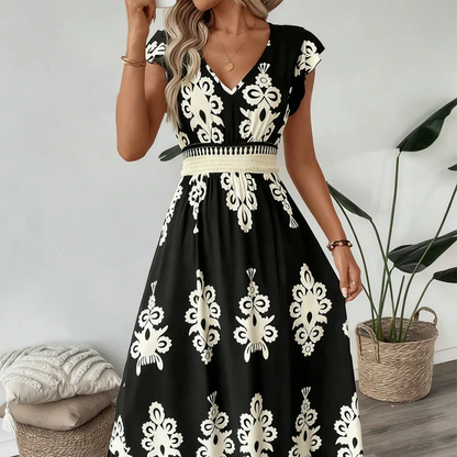Quoryn | Contrast Damask Print Cap Sleeve A-Line Midi Dress