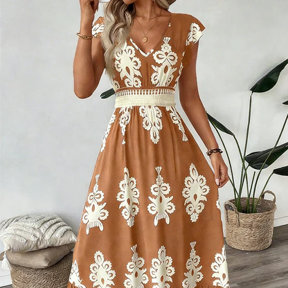 Quoryn | Contrast Damask Print Cap Sleeve A-Line Midi Dress