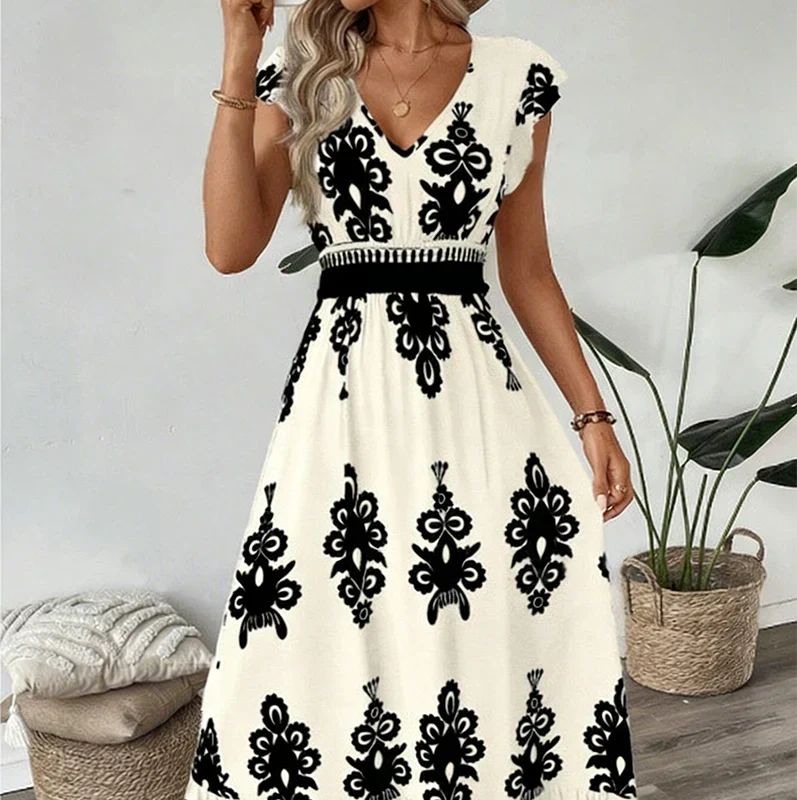 Quoryn | Contrast Damask Print Cap Sleeve A-Line Midi Dress