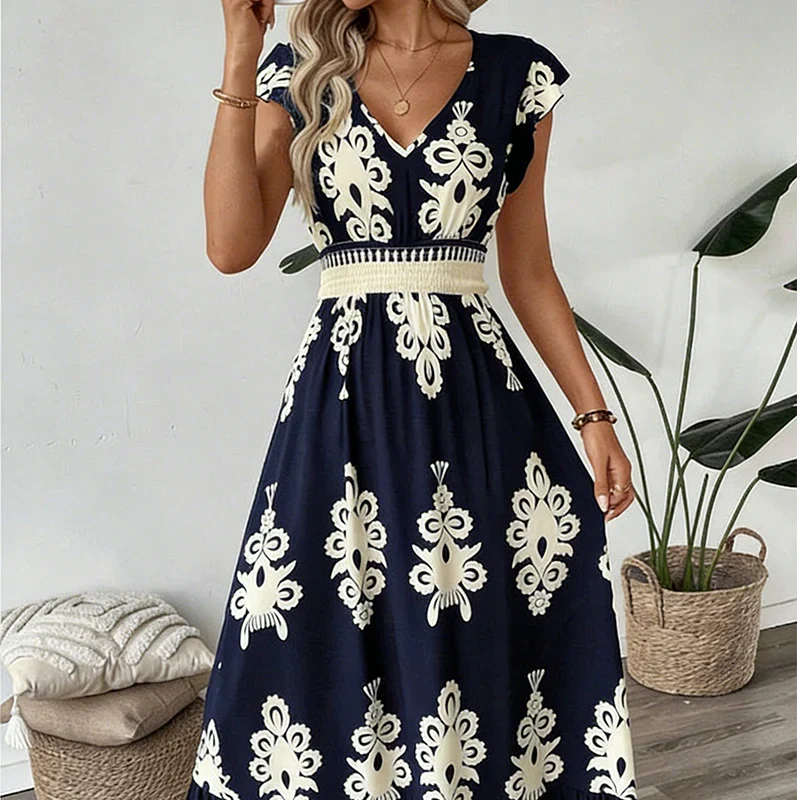 Quoryn | Contrast Damask Print Cap Sleeve A-Line Midi Dress