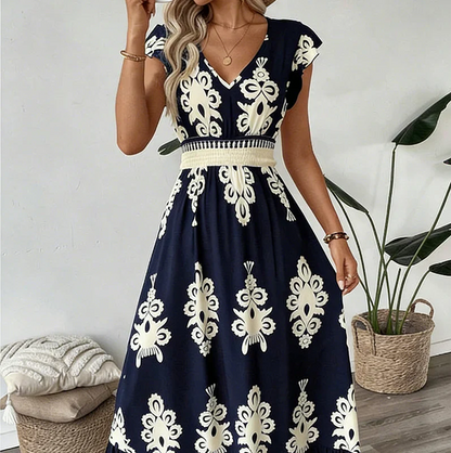 Quoryn | Contrast Damask Print Cap Sleeve A-Line Midi Dress