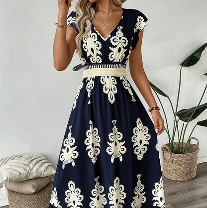 Lorelai | Ornate Print V Neck Midi Dress