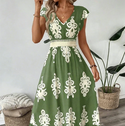 Quoryn | Contrast Damask Print Cap Sleeve A-Line Midi Dress