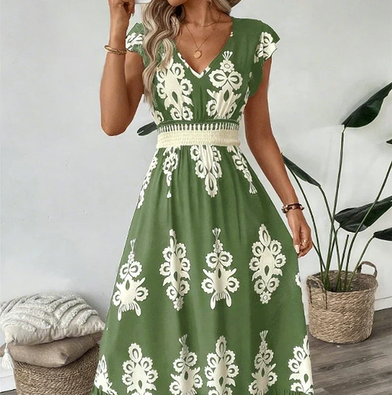 Lorelai | Ornate Print V Neck Midi Dress