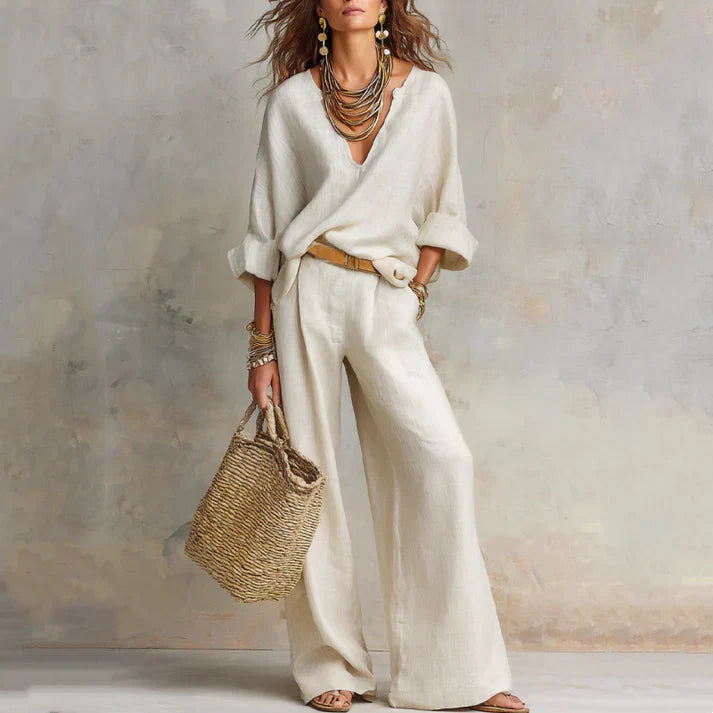 Veltrielle | Casual V Neck Top and Wide Leg Trousers