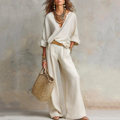 Veltrielle | Casual V Neck Top and Wide Leg Trousers