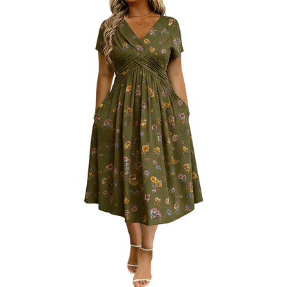 Loravine | Graceful Floral V-Neck Midi Dress