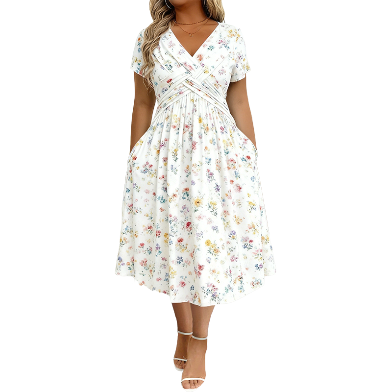 Loravine | Graceful Floral V-Neck Midi Dress