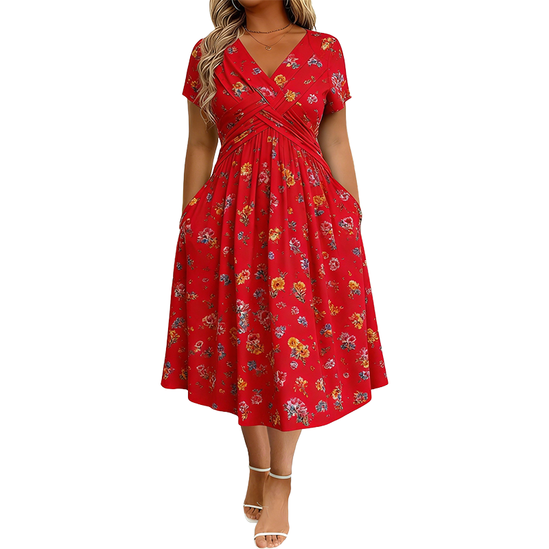 Loravine | Graceful Floral V-Neck Midi Dress