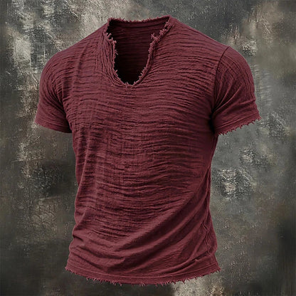 Jensen | Distressed V Neck Textured T Shirt